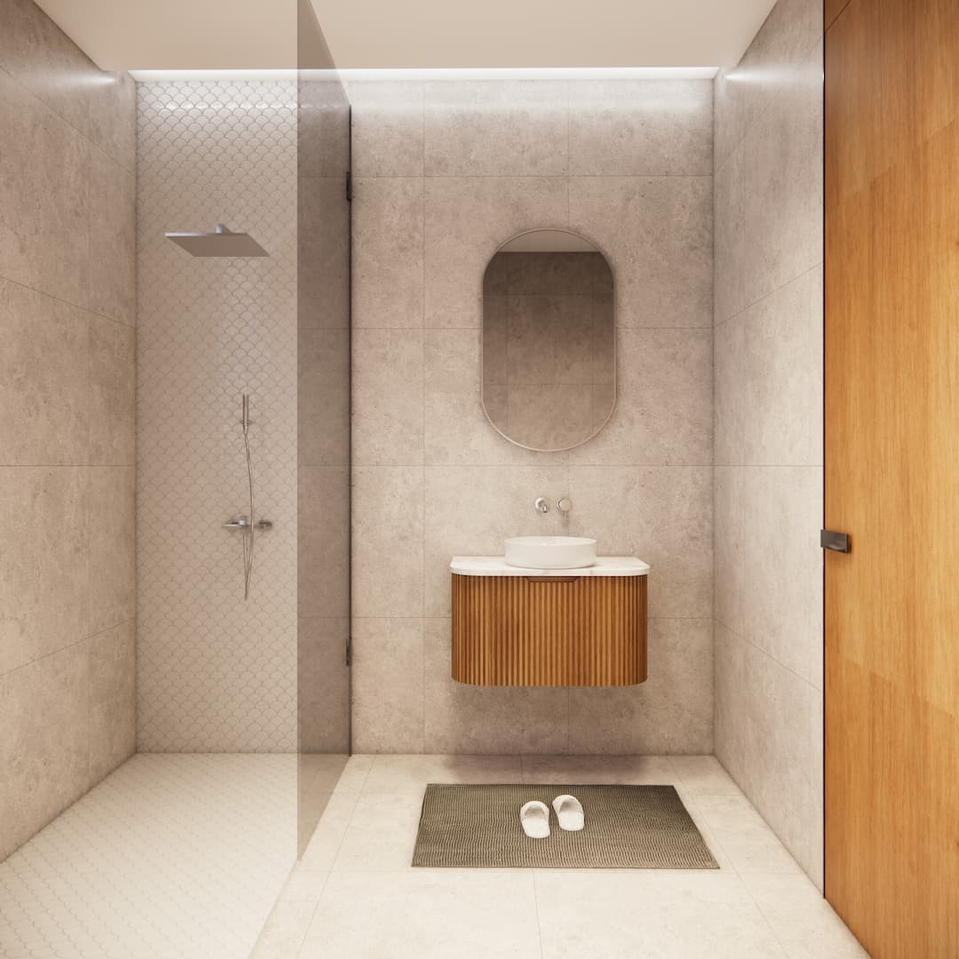 Modern bathroom with wall-hung wood vanity, oval mirror, walk-in shower, and minimalist design