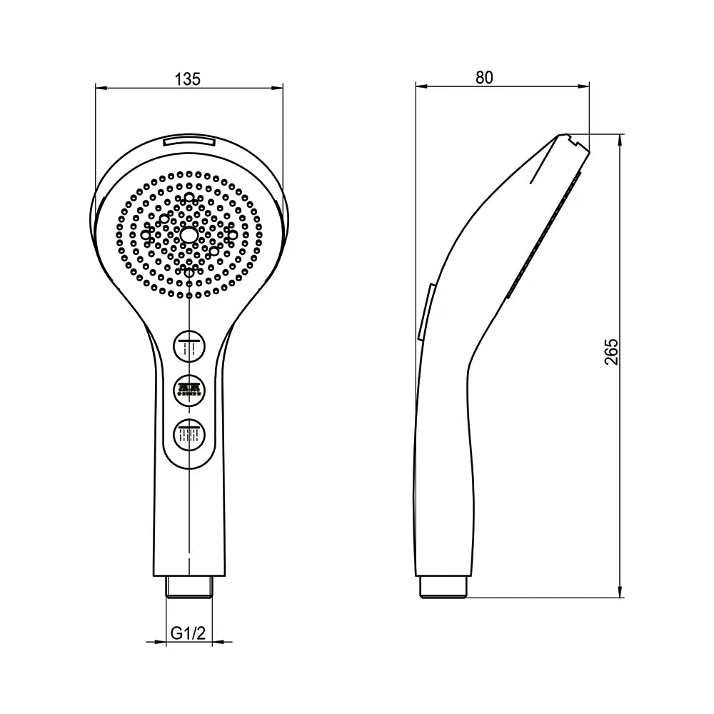 Technical drawing of AMOZA 5-Function Hand Shower Head with Top-Side Spray with dimensions on a white background