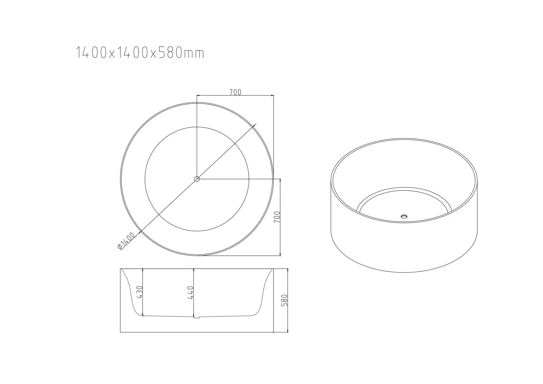 MERCIO Cole 1400mm Round Freestanding Bathtub – Gloss White | American Acrylic | With/Without Overflow