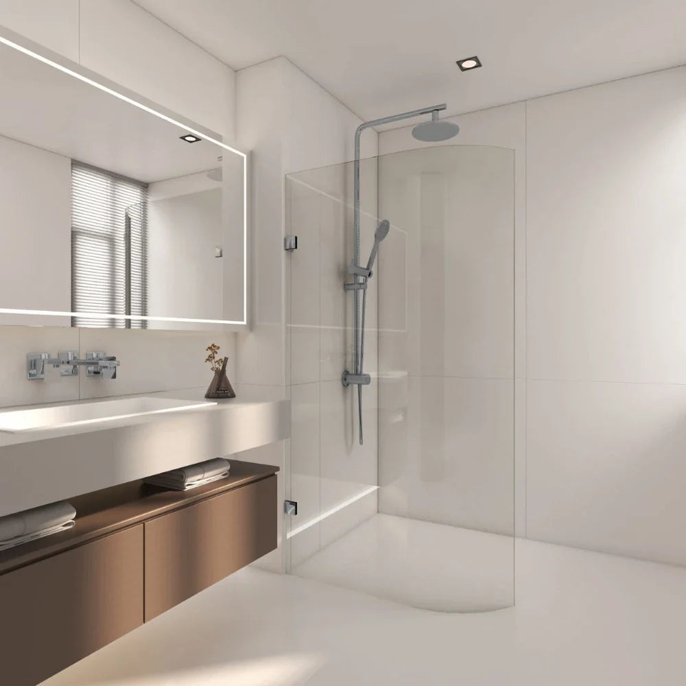 Covey frameless walk-in bend glass shower screen curved body in modern bathroom