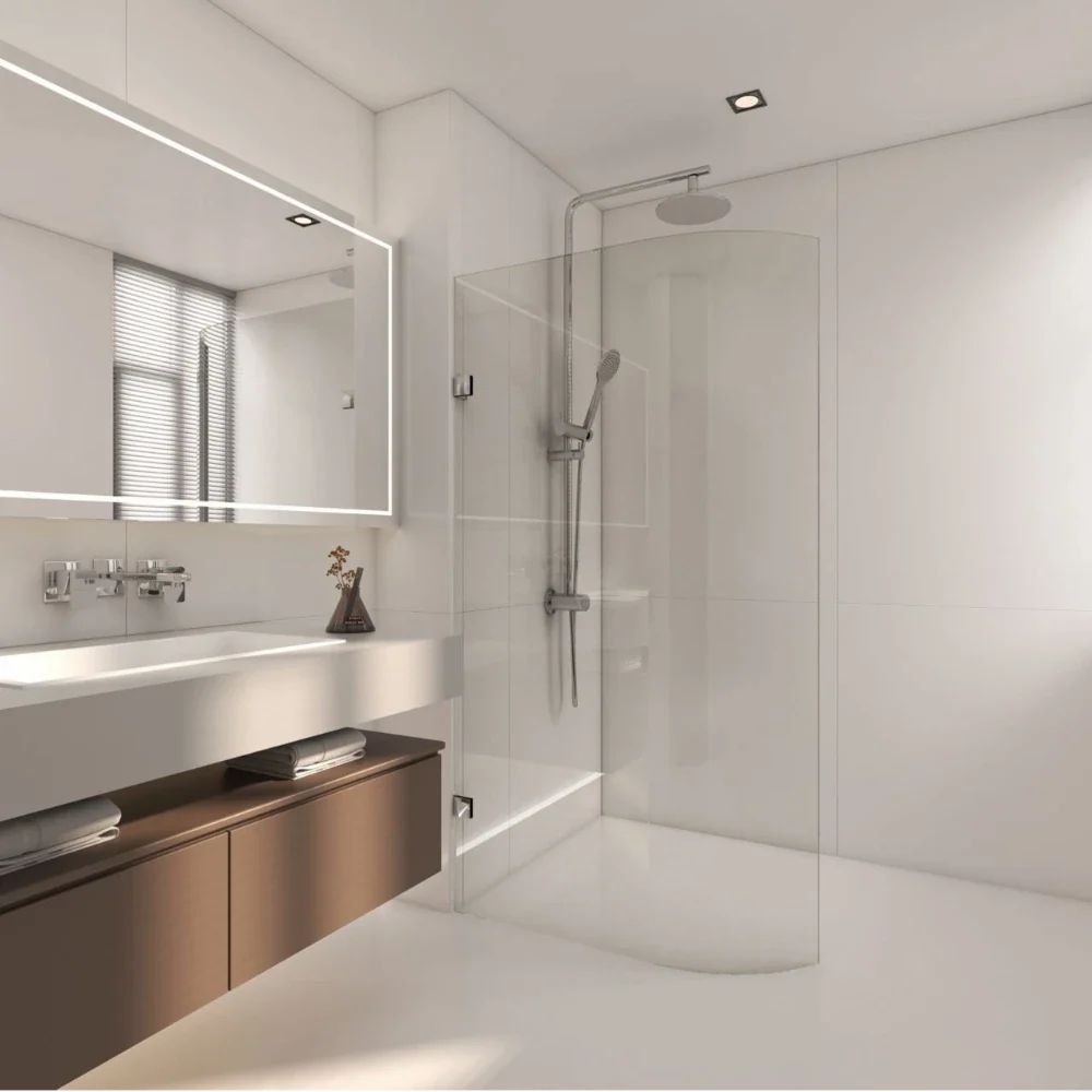 Covey frameless walk-in bend glass shower screen curved body with chrome finish in modern bathroom
