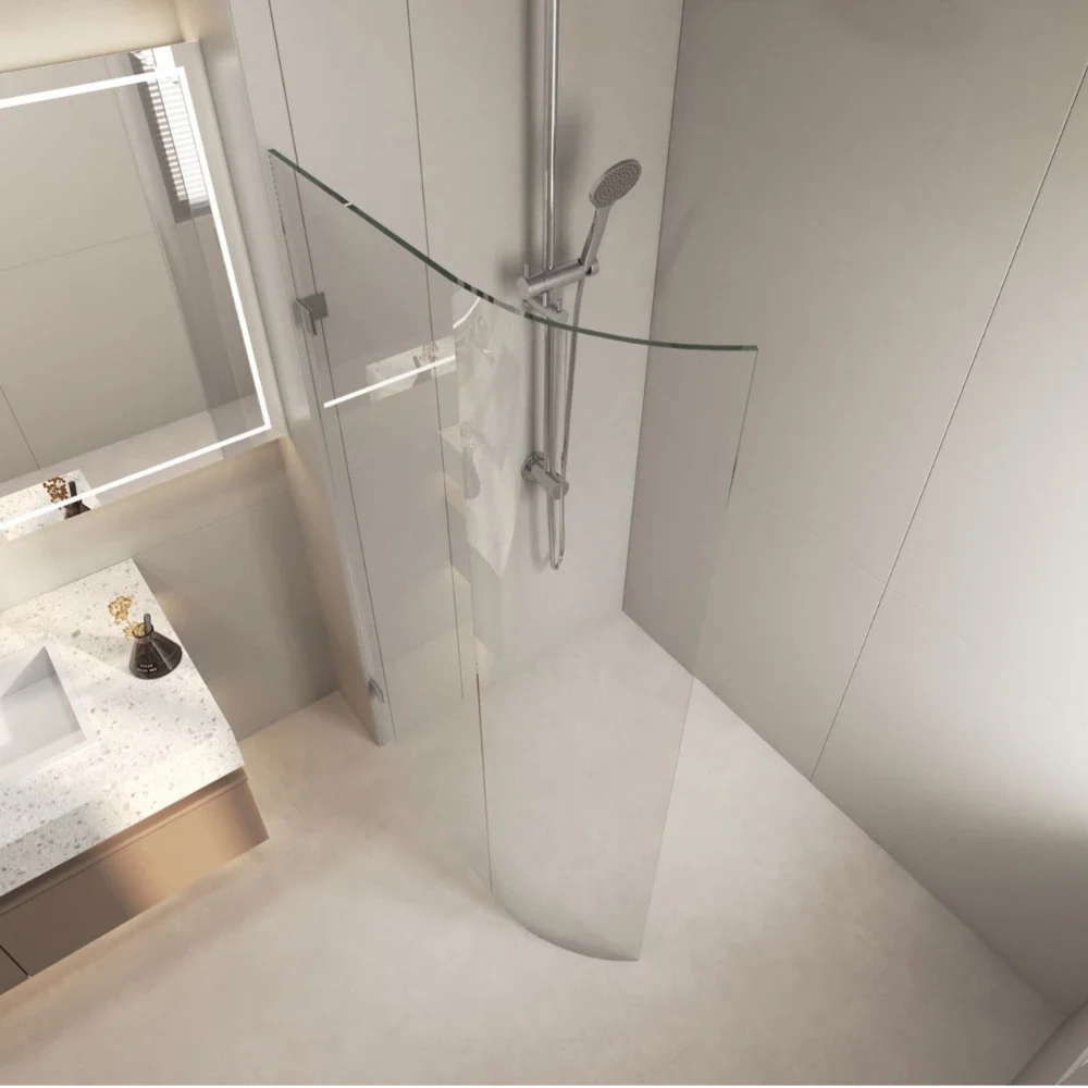 Top view of Covey frameless walk-in bend glass shower screen curved body in modern bathroom