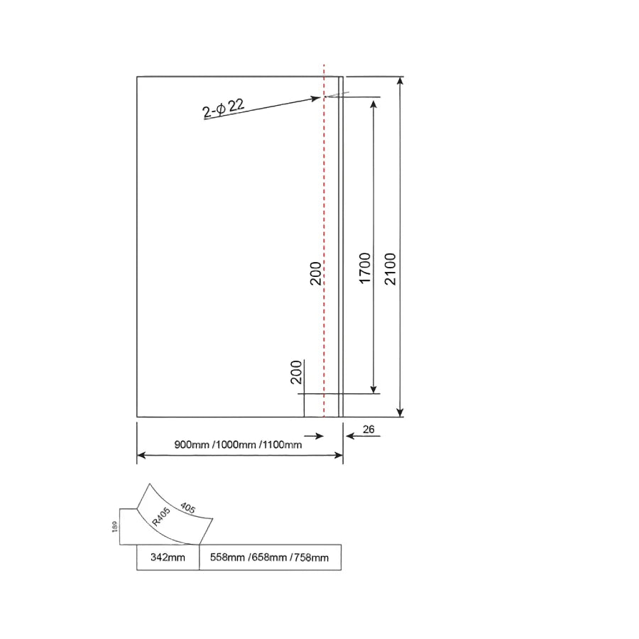Covey Frameless Walk-In Bend Glass Shower Screen Panel (Curved Body, 900–1100mm)