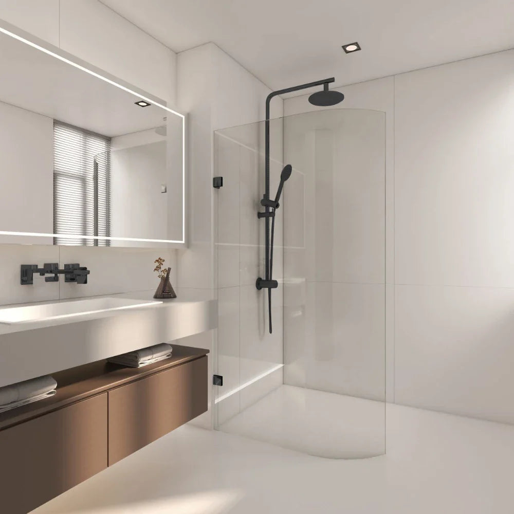 Covey frameless walk-in bend glass shower screen curved body with matt black finish  in modern bathroom
