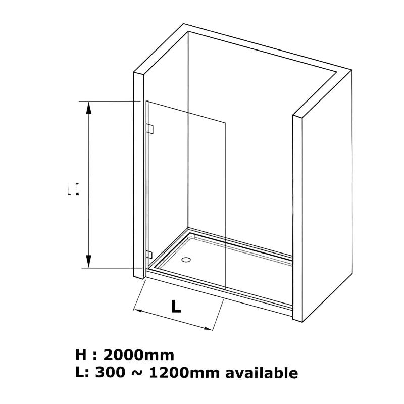 Covey CVP007 frameless walk-in shower panel size chart showing widths from 200mm to 1200mm and standard height 2000mm