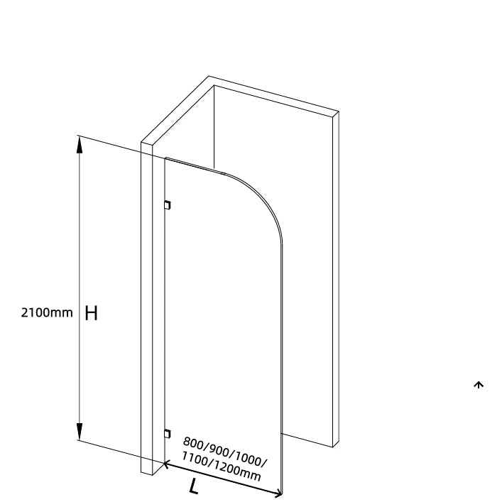 Size guide for Covey curved corner fluted glass walk-in shower screen available in 800-1200mm widths
