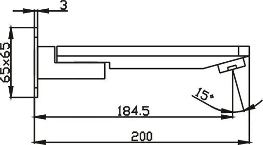 Technical drawing of a modern wall-mounted bathroom spout with measurements and angle, Secasa Home.