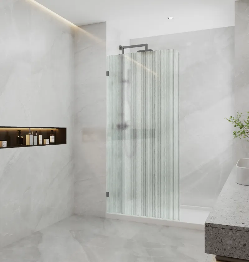 Covey frameless walk-in curved corner fluted glass shower screen panel with brushed gun metal  fitting finish in modern bathroom