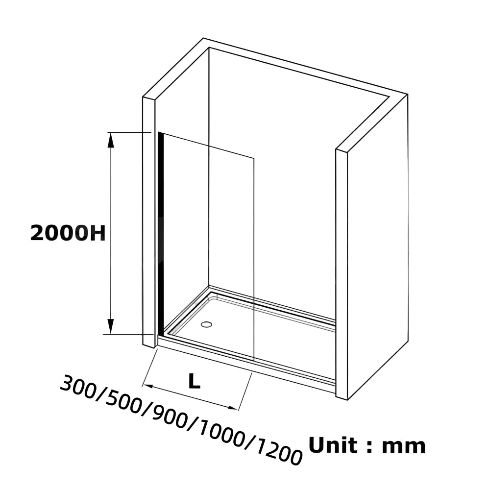 Diagram of a shower enclosure with dimensions labeled