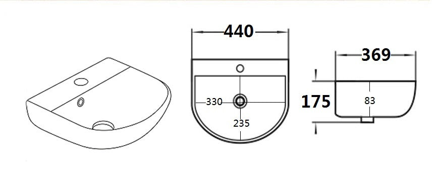 Carrida Fine Ceramic 440mm Gloss White Oval Wall Hung Basin drawing of a sink with dimensions labeled