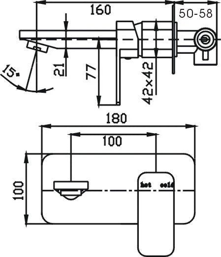 Technical drawing of a modern wall-mounted bathroom tap with measurements, Secasa Home.