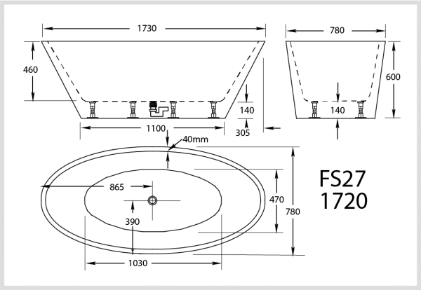 BROADWAY FS27 FREESTANDING BATH – GLOSS WHITE ACRYLIC 1720x 780x 600mm