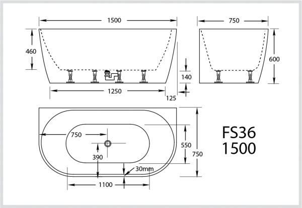 BROADWAY FS36 BACK TO WALL BATH – GLOSS WHITE | GLOSS BLACK 1500mm ,1700mm