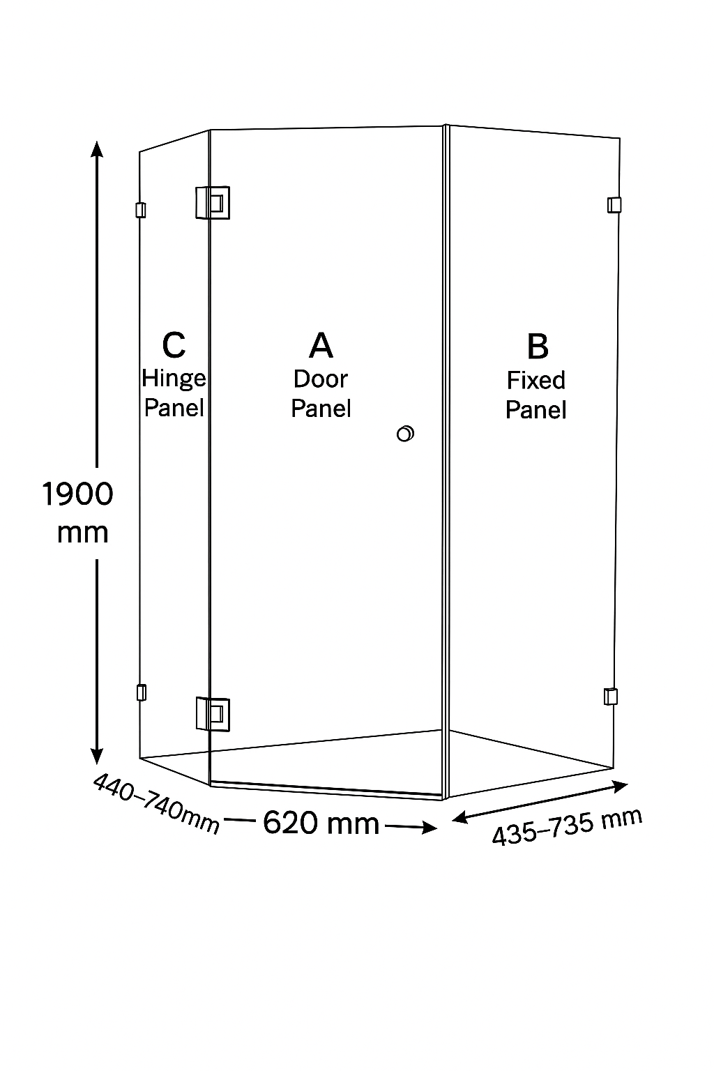 Sunny Frameless Diamond Pivot Door Shower Screen 900–1200×1900mm — Knob Handle