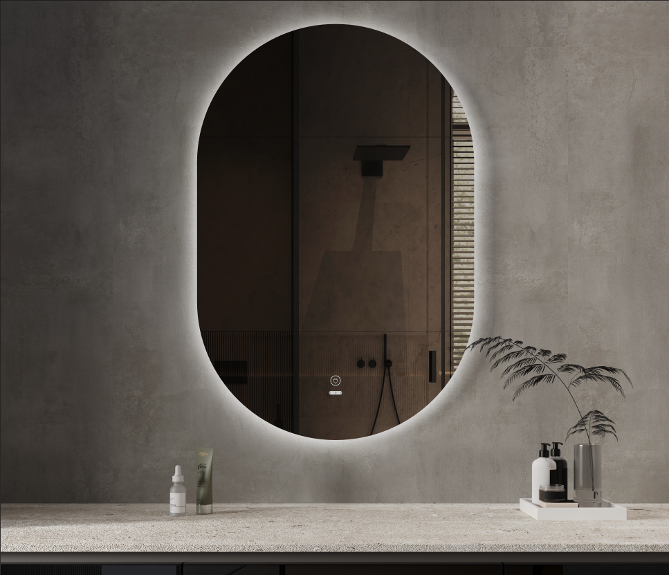 Modern frameless LED bathroom mirror with backlight on a concrete wall above vanity.