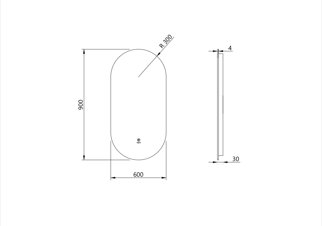 Frameless LED mirror technical drawing, 900x600mm, oval shape, Secasa Home bathroom decor