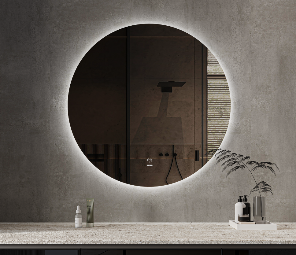 Modern round frameless LED bathroom mirror with backlight on concrete wall, Secasa Home