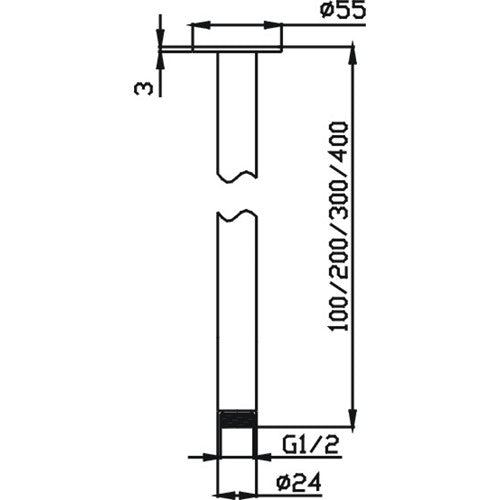 Technical drawing of a cylindrical bathroom tapware extension with dimensions, Secasa Home.