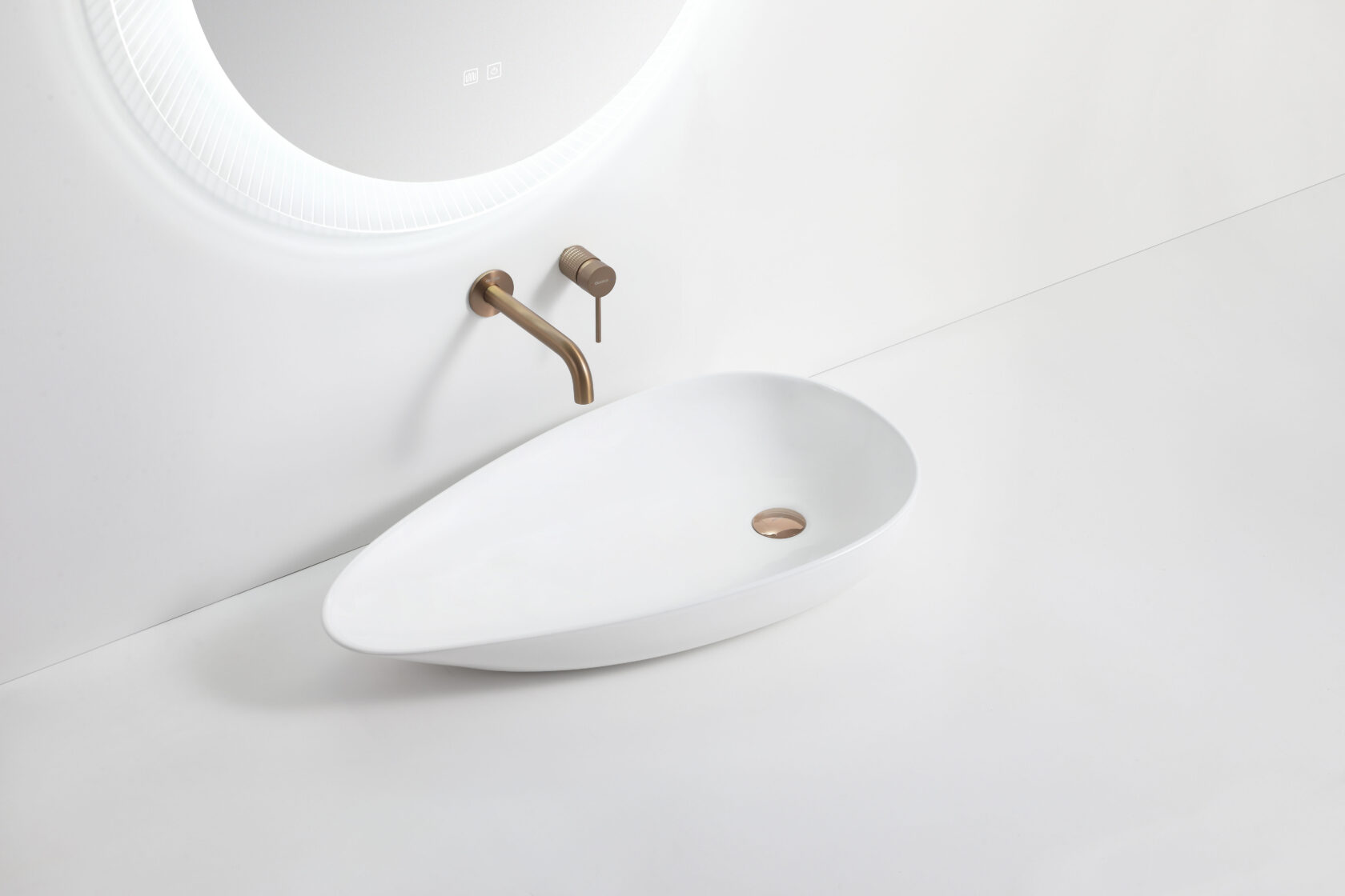 Modern white bathroom vanity with oval basin and brushed gold tapware by Secasa Home