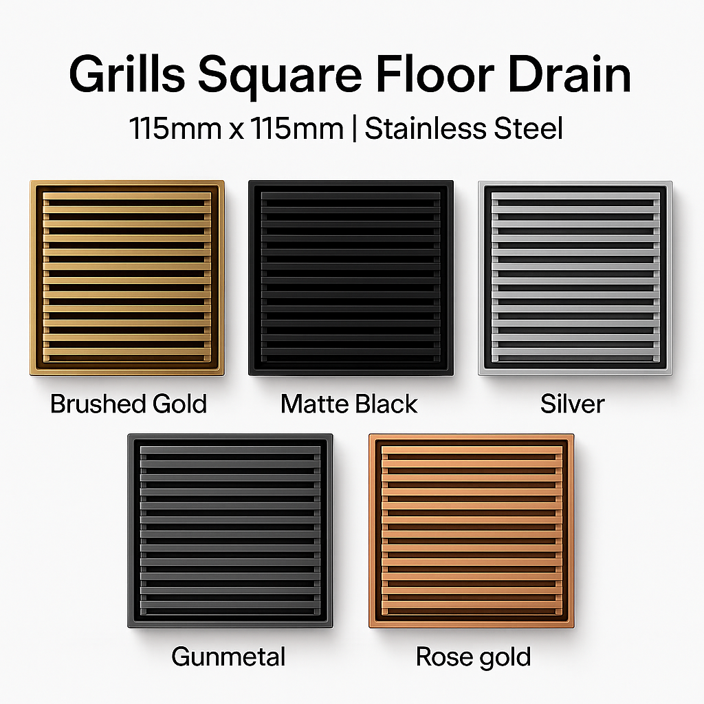 Somer D666 115mm Rose Gold Grills Floor Drain – Square | 80mm Outlet  | Brushed Gold / Black / Gunmetal / Silver / Rose Gold