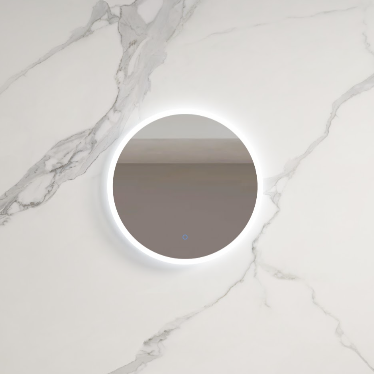 Round LED bathroom mirror on white marble wall, modern design by Secasa Home