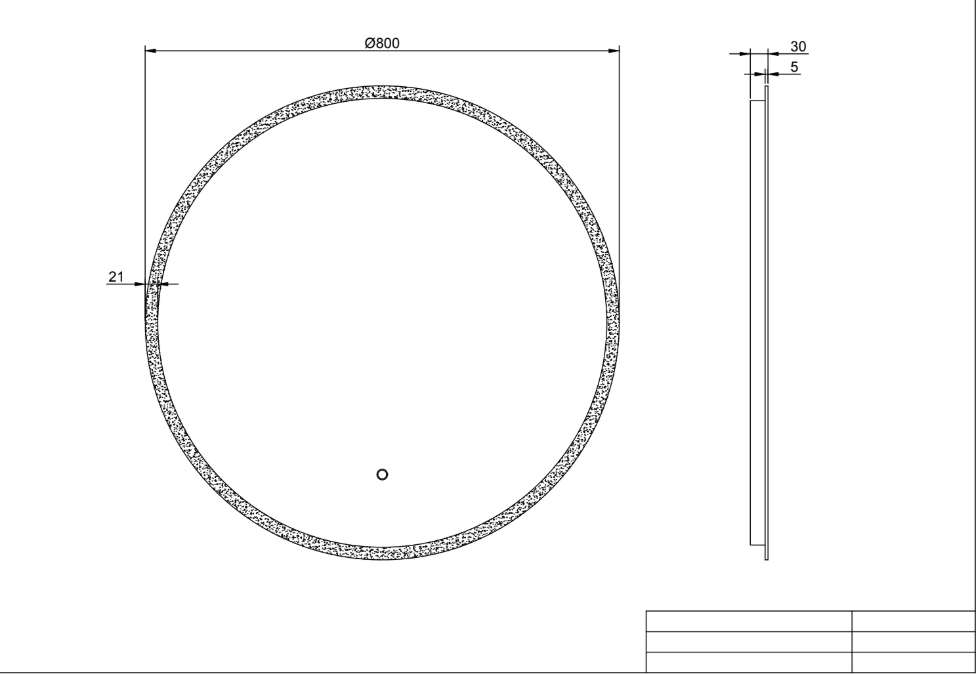 Technical drawing of Secasa Home round LED bathroom mirror, 800mm diameter, side profile view