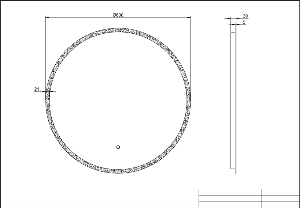 Technical drawing of a round LED bathroom mirror, 600mm diameter with side profile and measurements, Secasa Home.