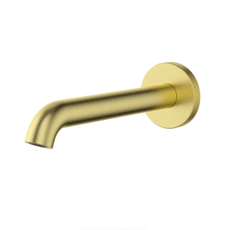 Brushed gold wall-mounted bathroom spout, modern tapware from Secasa Home.