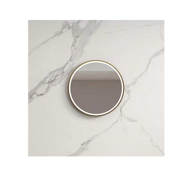 Round LED bathroom mirror with gold frame on marble wall, modern Secasa Home style