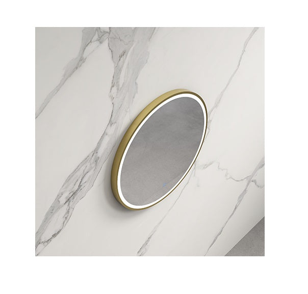 Round LED bathroom mirror with gold frame on marble wall, modern Secasa Home decor
