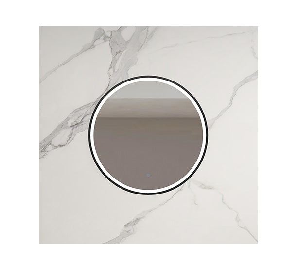 Round LED bathroom mirror with marble effect wall, modern bathroom vanity style
