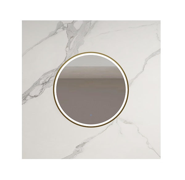 Round LED bathroom mirror with gold trim on white marble wall, modern Secasa Home style