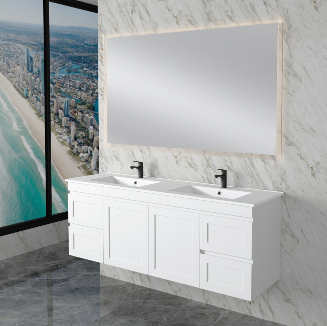ABS Hawaii Plywood Wall Hung Bathroom Vanity – Matt White Shaker Hampton Style | 600–1500mm