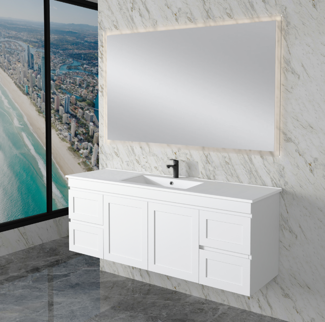 ABS Hawaii Plywood Wall Hung Bathroom Vanity – Matt White Shaker Hampton Style | 600–1500mm