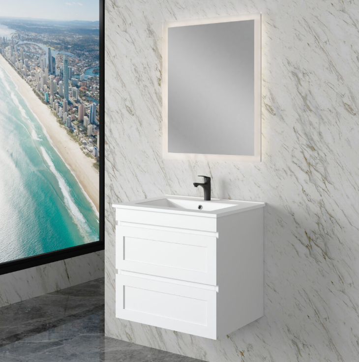 ABS Hawaii Plywood Wall Hung Bathroom Vanity – Matt White Shaker Hampton Style | 600–1500mm