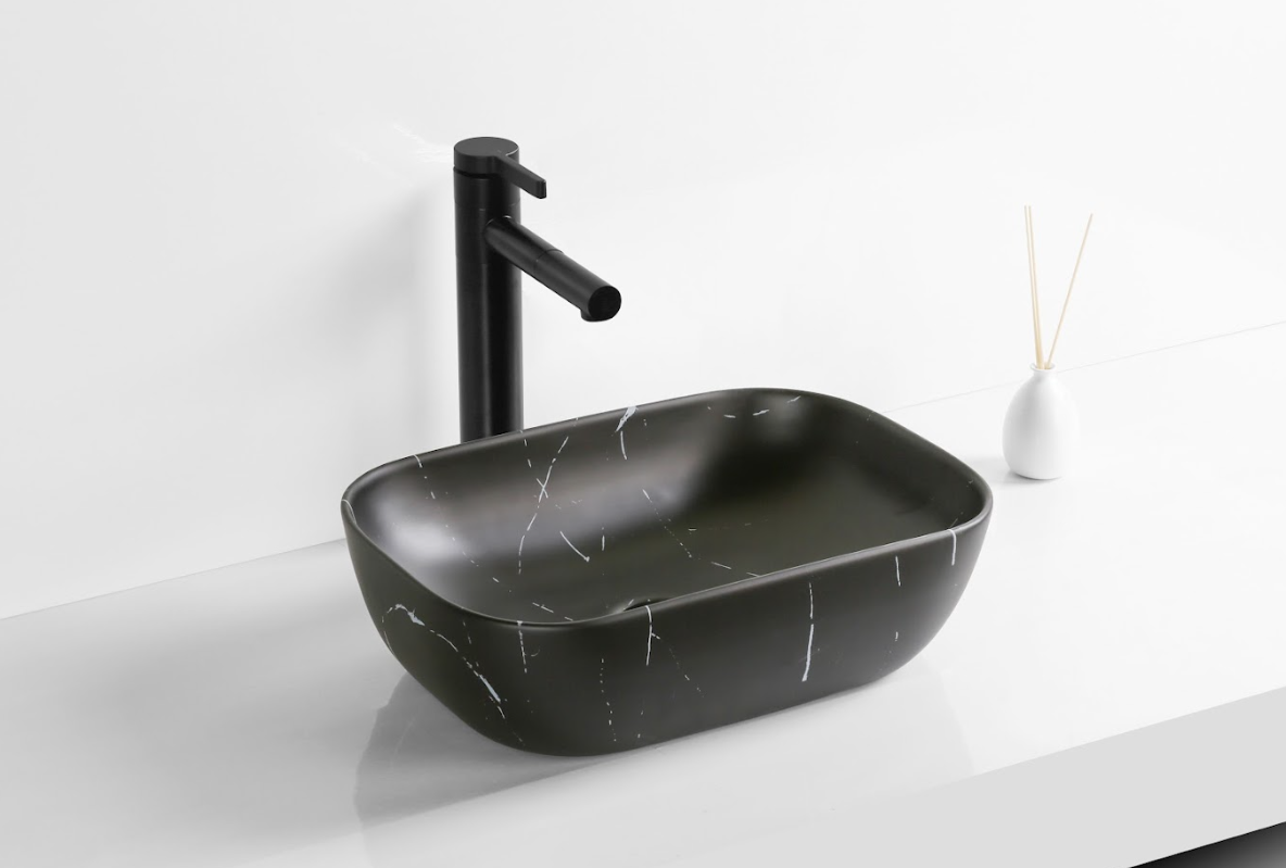 Infinity Rectangle Matte Black Carrara Ceramic Marble Art Basin 460*330*135mm