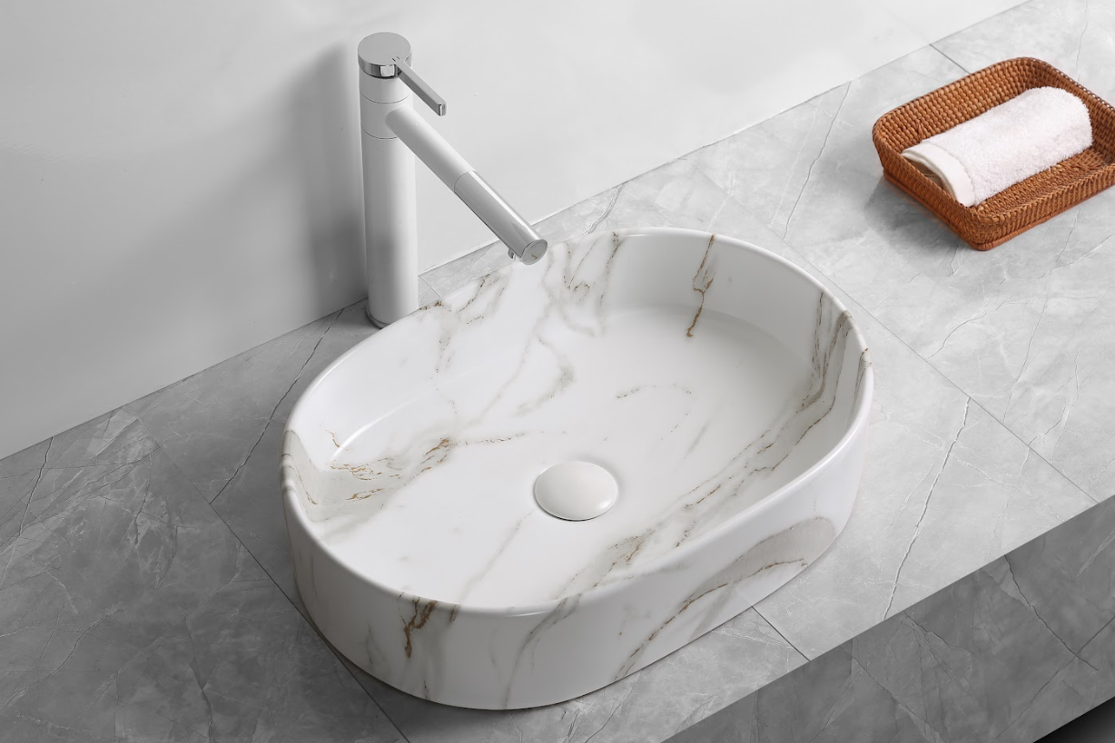 Infinity Matt Carrara Ceramic Marble Oval Above Counter Art Basin 500*350*120mm