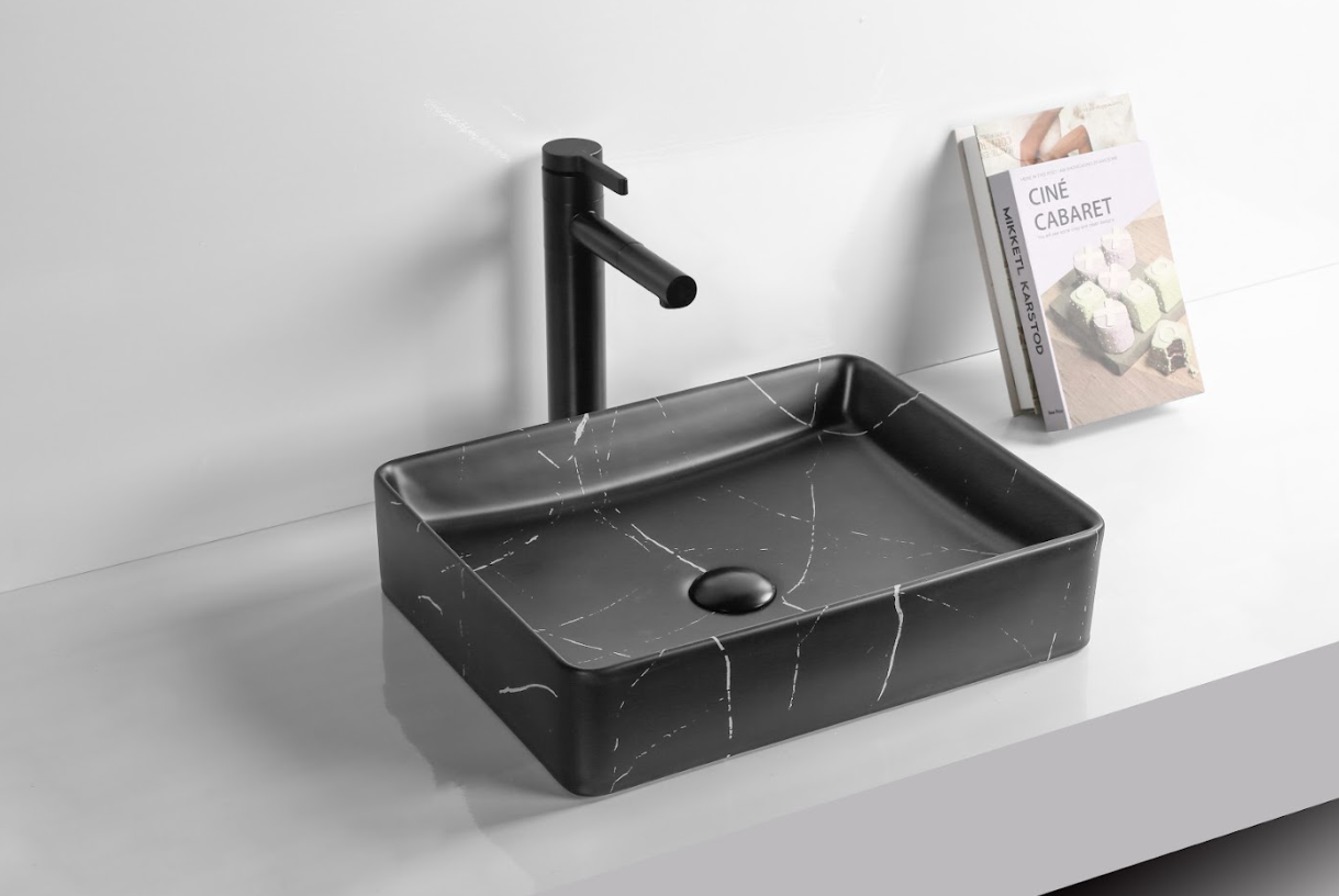Infinity Rectangle Matte Black Carrara Ceramic Marble Art Basin 470*360*110mm