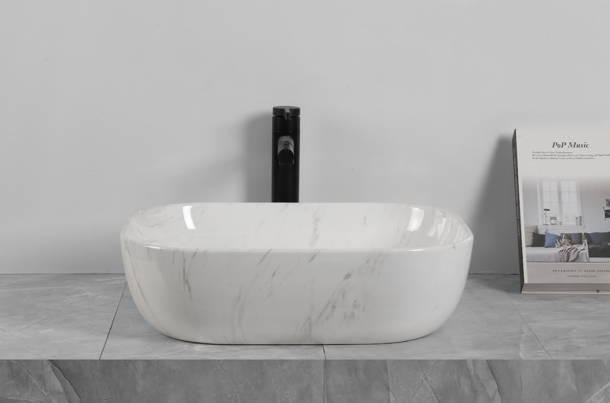 Infinity Gloss Carrara Ceramic Marble Rectangle Above Counter Art Basin 505*400*140mm