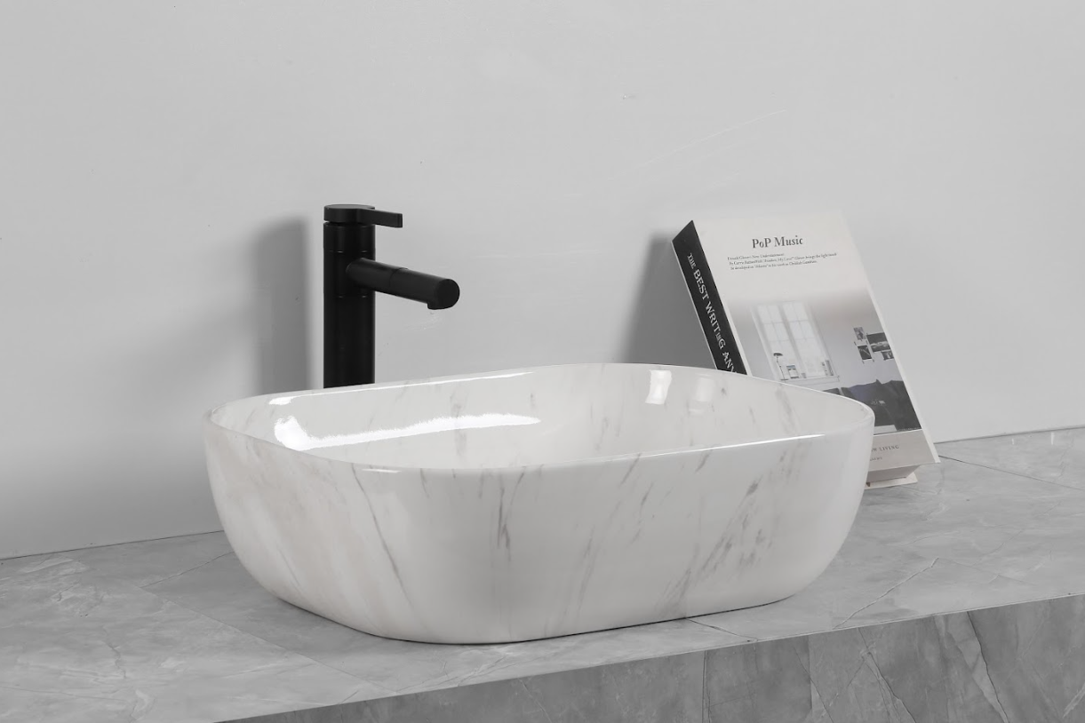 Infinity Gloss Carrara Ceramic Marble Rectangle Above Counter Art Basin 505*400*140mm