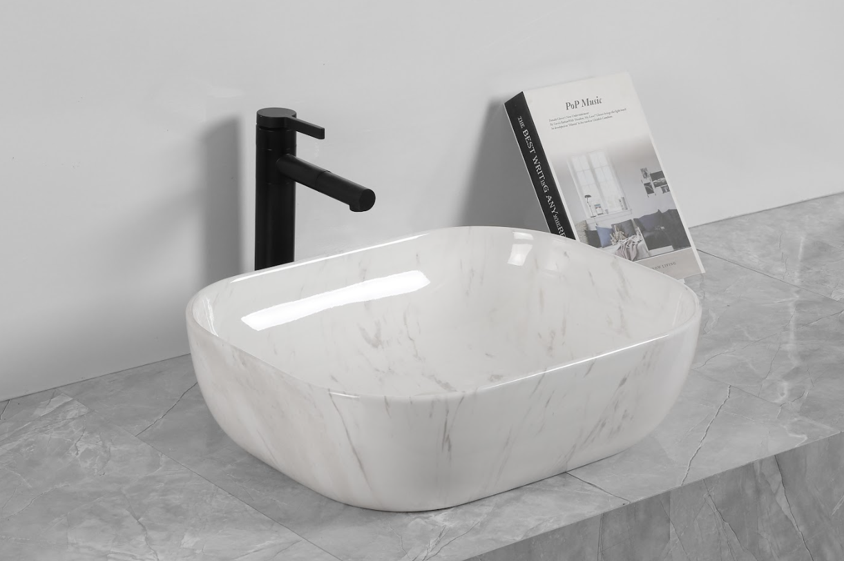 Infinity Gloss Carrara Ceramic Marble Rectangle Above Counter Art Basin 505*400*140mm