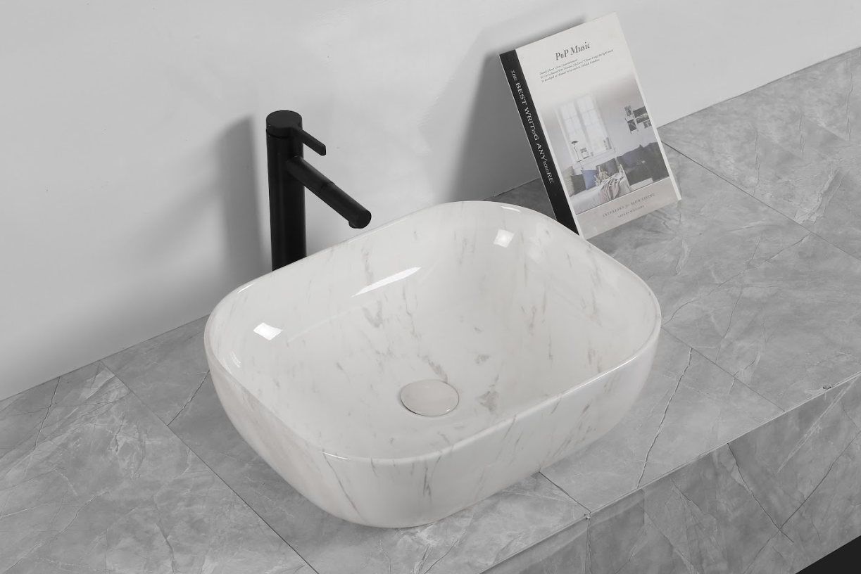 Infinity Gloss Carrara Ceramic Marble Rectangle Above Counter Art Basin 505*400*140mm