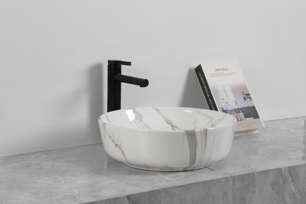 Infinity Gloss Carrara Ceramic Marble Round Above Counter Art Basin 415*415*130mm