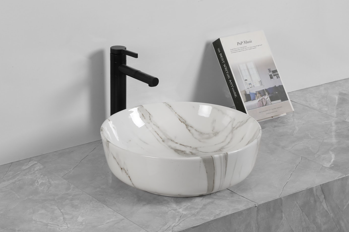 Infinity Gloss Carrara Ceramic Marble Round Above Counter Art Basin 415*415*130mm