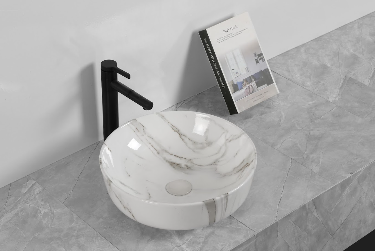 Infinity Gloss Carrara Ceramic Marble Round Above Counter Art Basin 415*415*130mm