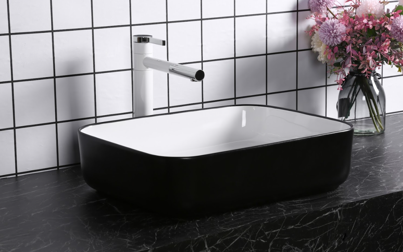 Infinity Gloss Black and White Ceramic Rectangle Above Counter Basin 500*400*135mm