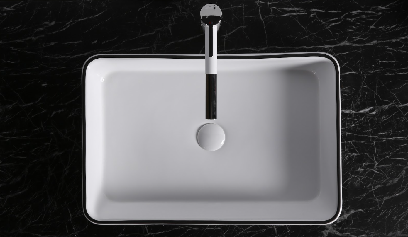 Infinity Gloss White and Black Edge Ceramic Rectangle Above Counter Basin 610*410*120mm