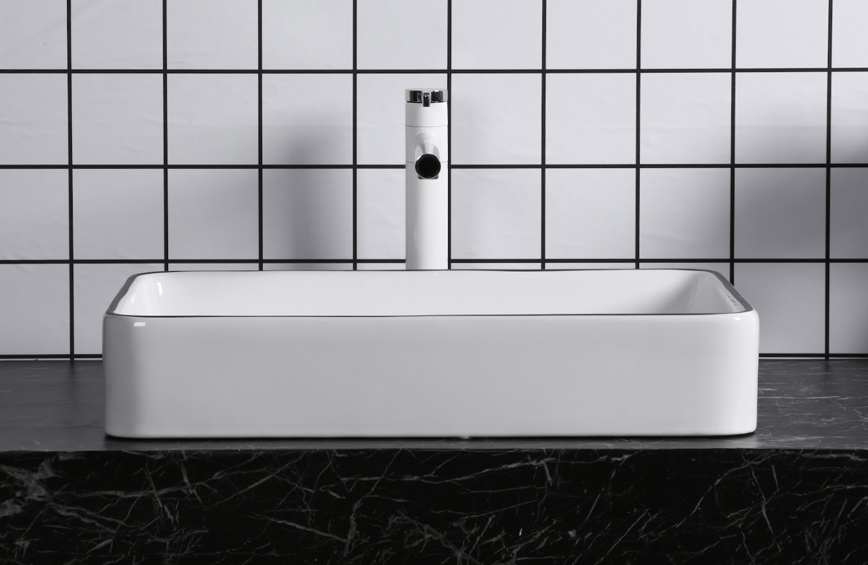 Infinity Gloss White and Black Edge Ceramic Rectangle Above Counter Basin 610*410*120mm