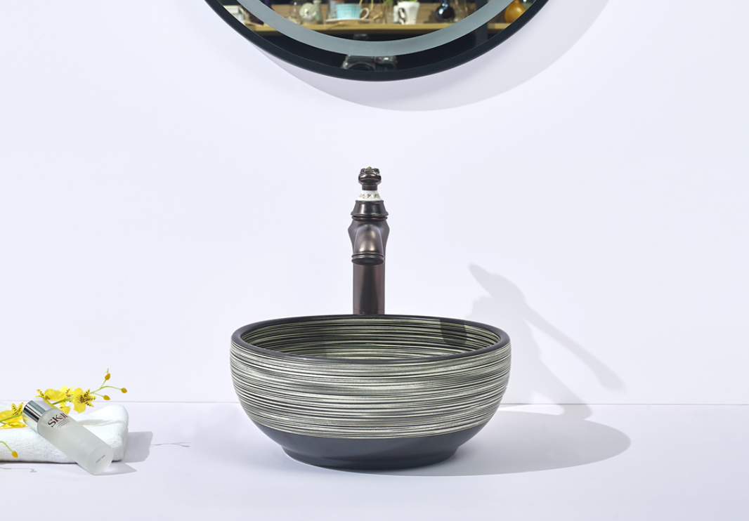 Infinity Stripe Pattern Porcelain Round Above Counter Art Basin 360*360*140mm