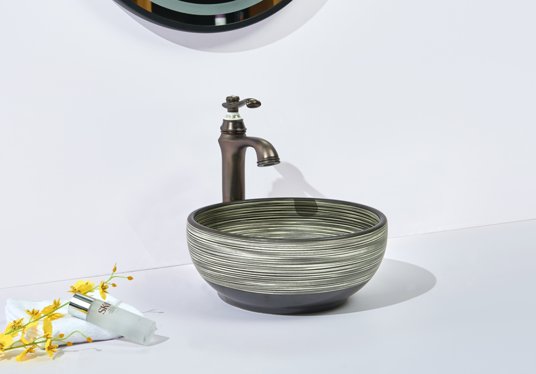 Infinity Stripe Pattern Porcelain Round Above Counter Art Basin 360*360*140mm